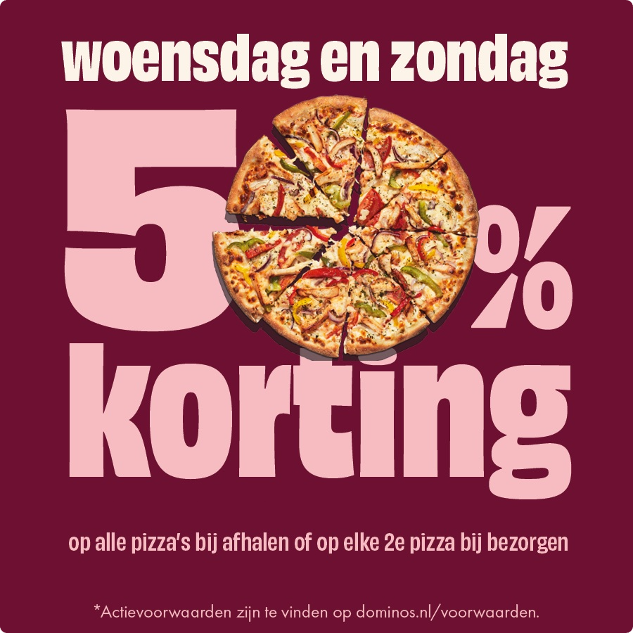 50% korting op elke pizza