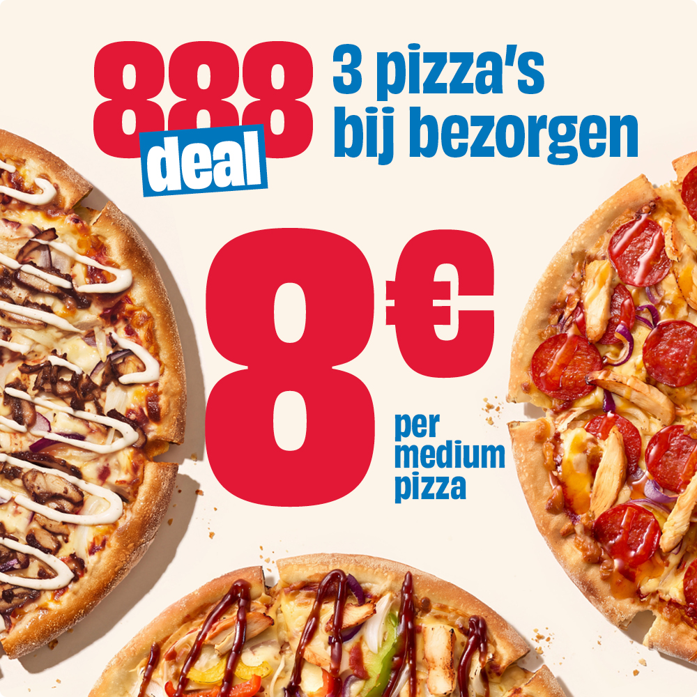 888 Deal: 3 medium pizza's bij bezorgen €8 per stuk